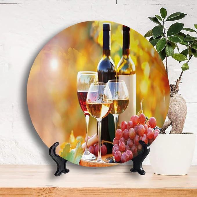 Ceramic Plates, Wine Decorative Ceramic Plates, Tasty Wine on Wooden Barrel on Grape Plantation, 7 Inch, for Dining, Parties, Wedding, Orange Red Black