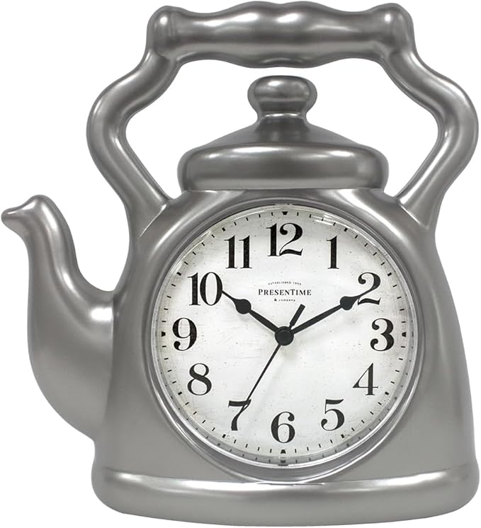 Presentime & Co. 11" Teapot Clock, Silent Non Ticking, Modern Farmhouse Style, Wall & Mantel 2 in 1 Clock, Desk & Shelf, Steel Silver Finish (Wall Deocration/Home Decoration/Tabletop Décor)
