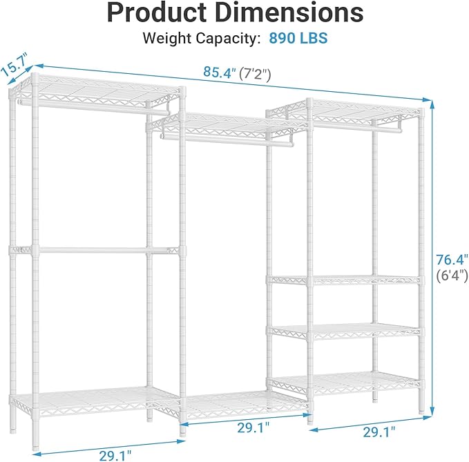 VIPEK V5 Plus Portable Closet Wardrobe Heavy Duty Clothes Rack, Large Free Standing Closet Rack for Hanging Clothes, 85.4" L x 15.7" W x 76.4" H, White