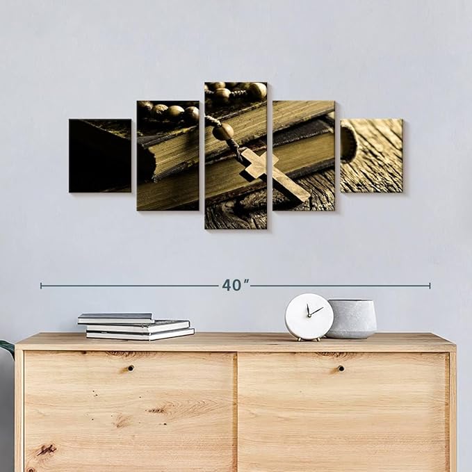 Elephant Stock Bible And Cross Wall Art Multi Piece Canvas - 5 Panel Christian Pictures Decor - Digital Design Canvas Print - Christian Wall Decor - 36" X 15"