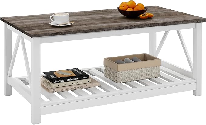 Farmhouse Coffee Table, White Oak Coffee Table for Living Room, 2-Tier Rectangular Wooden Centre Cocktail Table with Slats Shelf Storage and V-Shaped Frame Modern Coffee Oak Grey