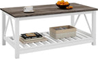Farmhouse Coffee Table, White Oak Coffee Table for Living Room, 2-Tier Rectangular Wooden Centre Cocktail Table with Slats Shelf Storage and V-Shaped Frame Modern Coffee Oak Grey