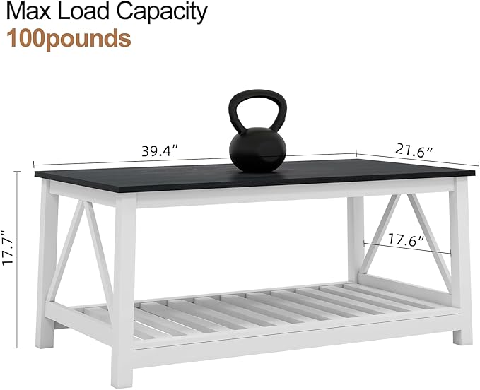 Farmhouse Coffee Table, Black and White Coffee Table for Living Room, 2-Tier Rectangular Wooden Centre Cocktail Table with Slats Shelf Storage and V-Shaped Frame Modern Coffee Tables Oak Black