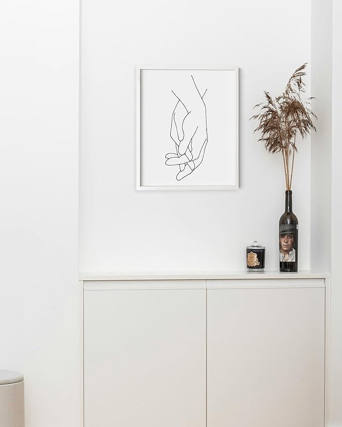 Holding Hands Wall Art Interlocking Fingers Connection Continuous Line Drawing 8x10 Inch Oak Wood White Framed Modern Minimalist Unity Print for Bedroom