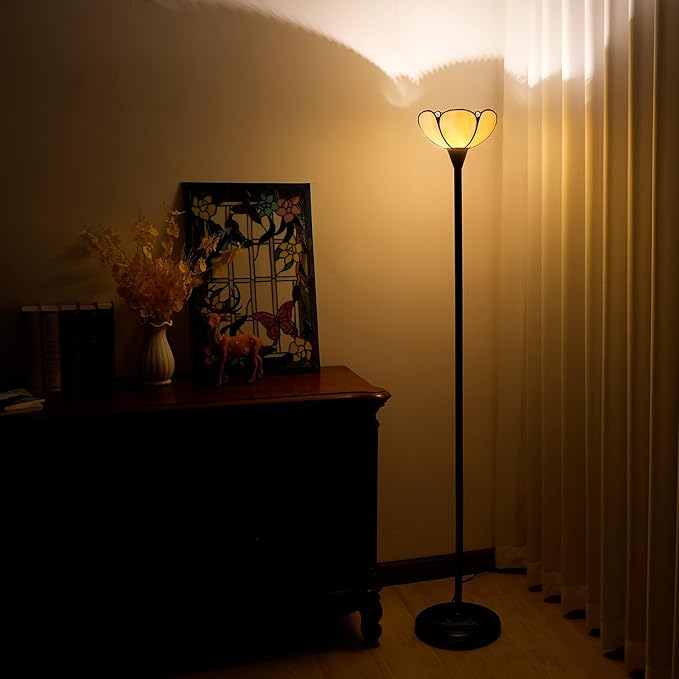 Tiffany Floor Lamp Yellow Stained Glass Tochiere Lamp Vintage 61 inches Tall Pole Standing Lamp with Foot Switch Tiffany Style Corner Light for Home Office