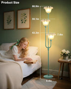 Flower Floor Lamp for Living Room, Dimmable Vintage Floor Lamp with Shelf & LED Bulbs, 3 Light 3000K Soft Warmwhite Mid Century Gold Standing Lamp, Floral Tall Lamp for Bedroom Office-Green