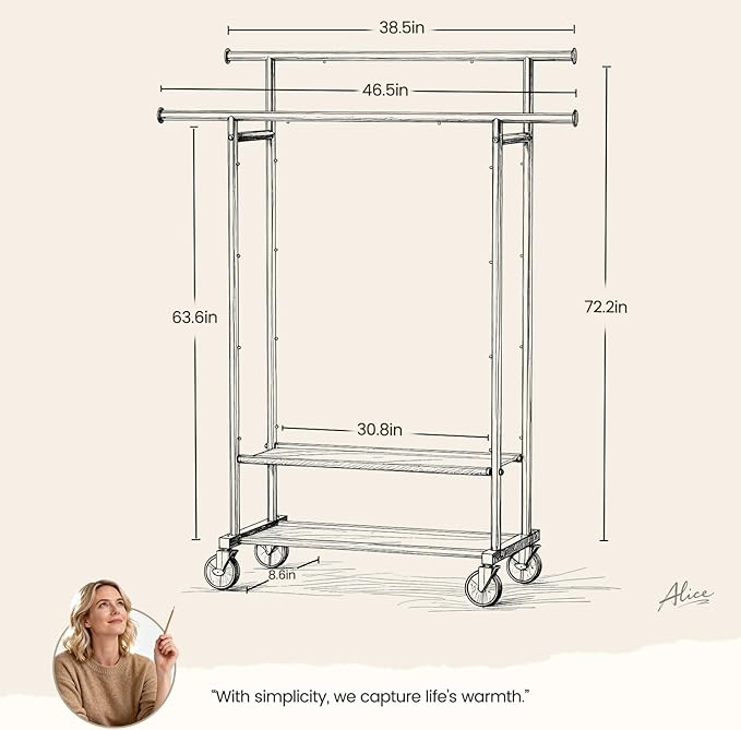 Double Rods Clothes Rack, Rolling Clothing Rack for Hanging Clothes Closet Rack with Wheels, Metal Portable Garment Rack with Double Shelves for Bedroom Laundry Living Room, Black