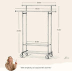 Double Rods Clothes Rack, Rolling Clothing Rack for Hanging Clothes Closet Rack with Wheels, Metal Portable Garment Rack with Double Shelves for Bedroom Laundry Living Room, Black