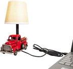 Berfutall-Decorative Rustic Red Vintage Truck USB Table Lamp，Night Light with Burlap Shade, 6.7 x 4.7 x 6.7 inches