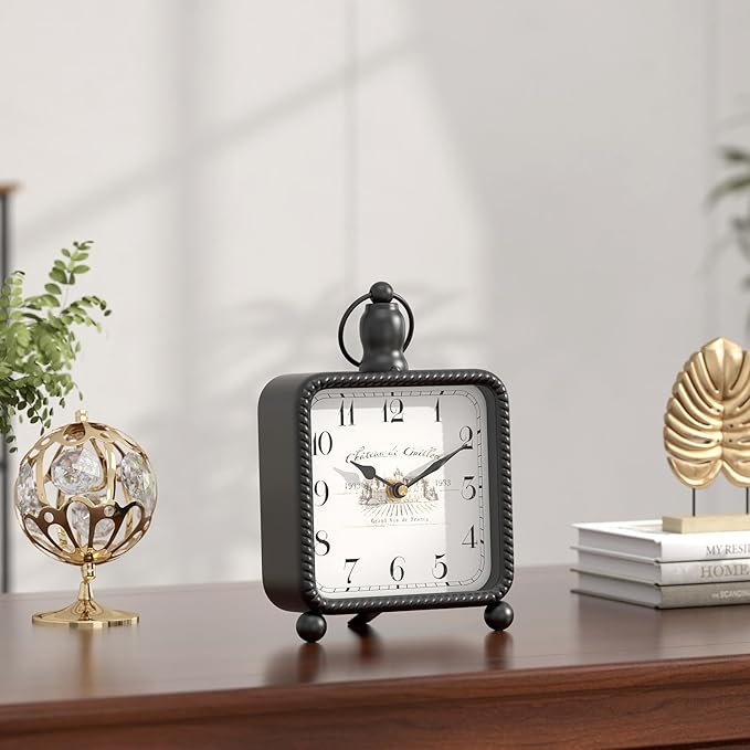 Vintage Black Table Clock on Stand, Desk and Shelf Decor Clock, French Rustic Style Mantel Clocks for Farmhouse, Living Room, Bedroom, Bedside, Gift (8.5" H x 5.5" W)
