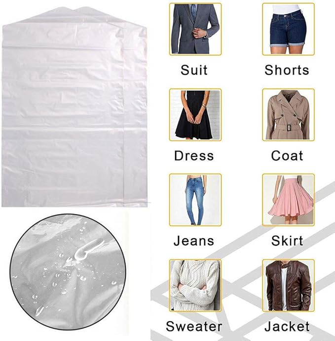 100 Pack Garment Bag Transparent Clothing Dust Cover Dustproof Hanging Clothes Suit Dress Jacket Cover for Dry Cleaner, Home Storage,Travel, Clothes Storage Closet,23.6 x 35.4 inches