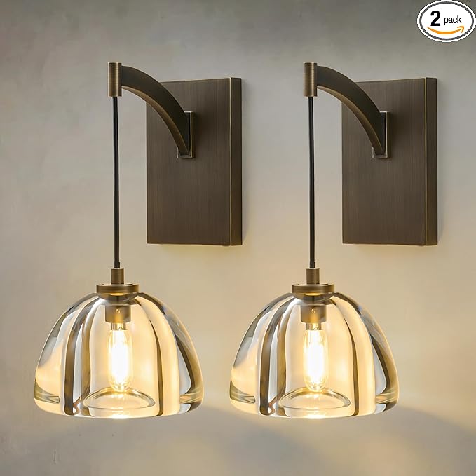 Crystal Brass Dome Wall Sconce - Luxury Antique Brushed Lighting Fixture with K9 Crystals Cloche - Set of 2 Modern Gold Sconces - Dimmable Indoor Hanging Light for Bathroom Bedroom Living Room Stair