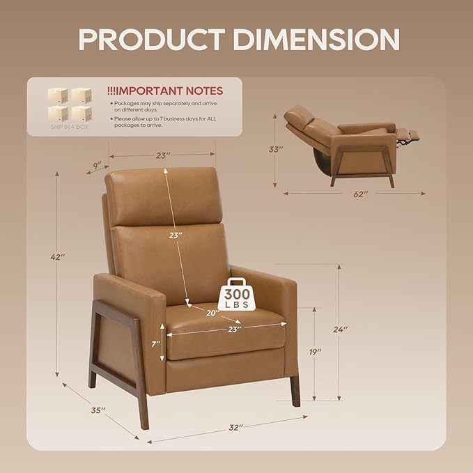 COLAMY Push Back Recliner Chair Set of 2, Upholstered Leather Recliner with Footrest 105-135 Degree Adjustable, Comfy Modern Wingback Recliner for Living Room, Bedroom,Small Spaces, Cocoa
