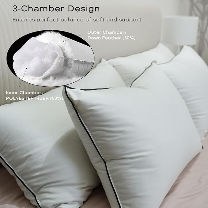 Luxury Down Fiber Pillows Queen Size, Bed Pillows for Sleeping, Pillow for Back, Stomach or Side Sleepers