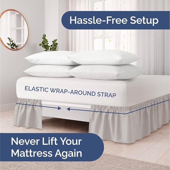 Wrap Around Dust Ruffle Bed Skirt - Light Grey - for Queen Size Beds with 18 Inch Drop - Elastic Strap - Adjustable Pleated Bedskirt with Brushed Fabric and Wrinkle Free - For Women, Men, Kids & Teens