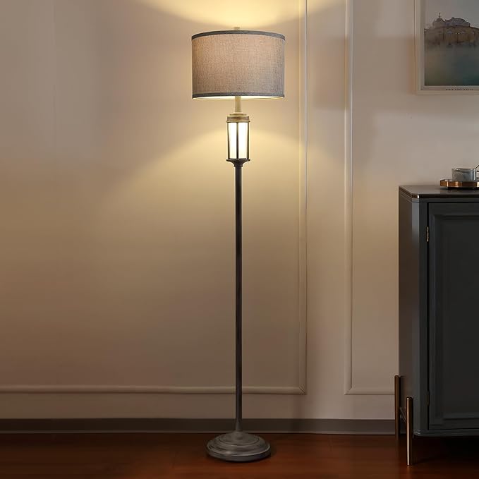 65'' Rustic Floor Lamp for Living Room with 2 Light Sources, Frosted Nightlight Vintage Farmhouse Tall Standing Lamp for Bedroom Reading Room Office Corner, Bulb Included