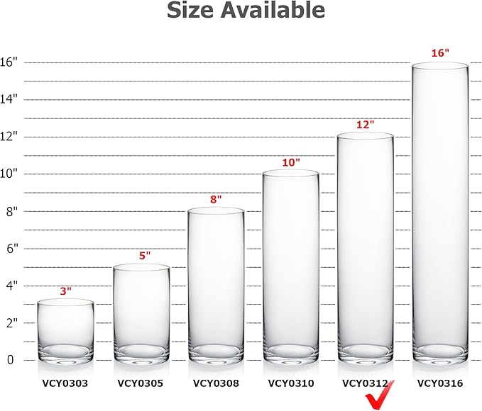 WGVI Quality Thick Weighted Clear Cylinder Glass Vases, 3" W x 12" H, Skinny Bud Vase Floral Bouquet Flower Arrangements Storage Container Candle Holders Decorative Accents, Bulk Wholesale, 12 Pieces