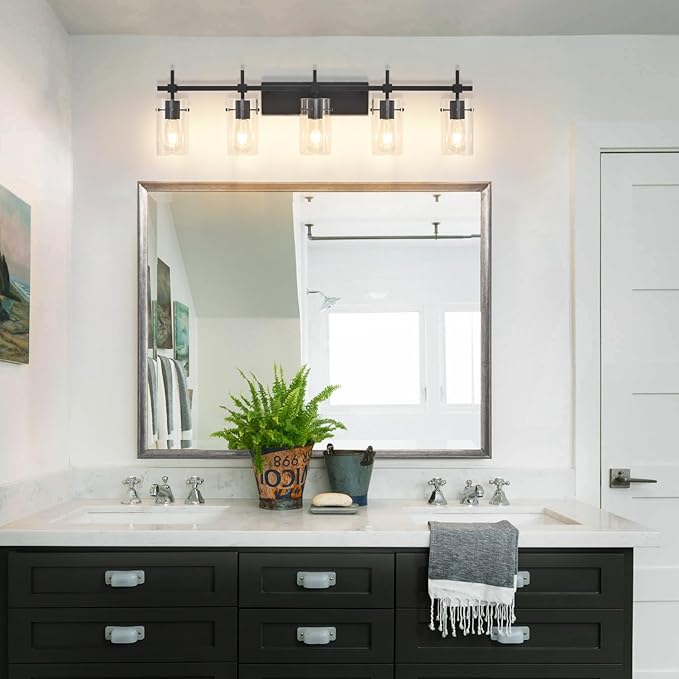 SOLFART Bathroom Light Fixtures Matt Black 5 Lights Vanity Lighting Fixtures Over Mirror Light Fixtures for Bathroom Above Mirror