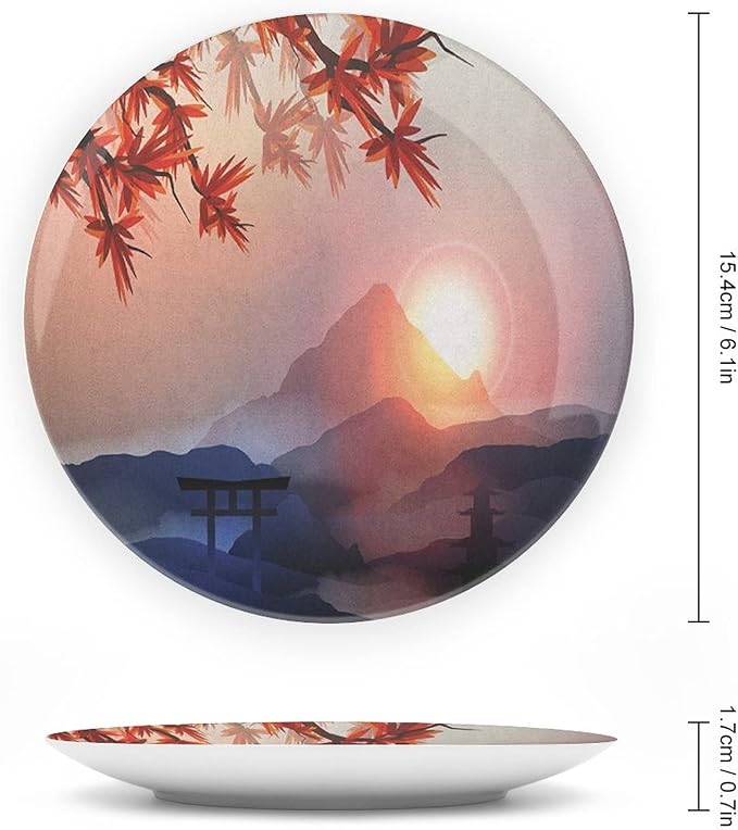 Decorative Plates, Asian Print Ornament, Majestic Himalayas Peaks Tops Circle Culture, 7 Inch, 1 Plate with 1 Display Stand, Blue Pink Red