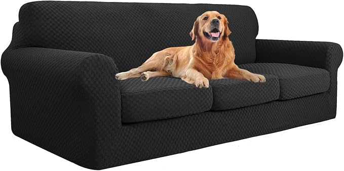 YEMYHOM Latest Checkered 4 Pieces Couch Covers for 3 Cushion Couch Extra Large High Stretch Thickened Sofa Cover for Dogs Pets Furniture Protector Sofa Slipcovers (Black), 91"-110"(3 Cushions)