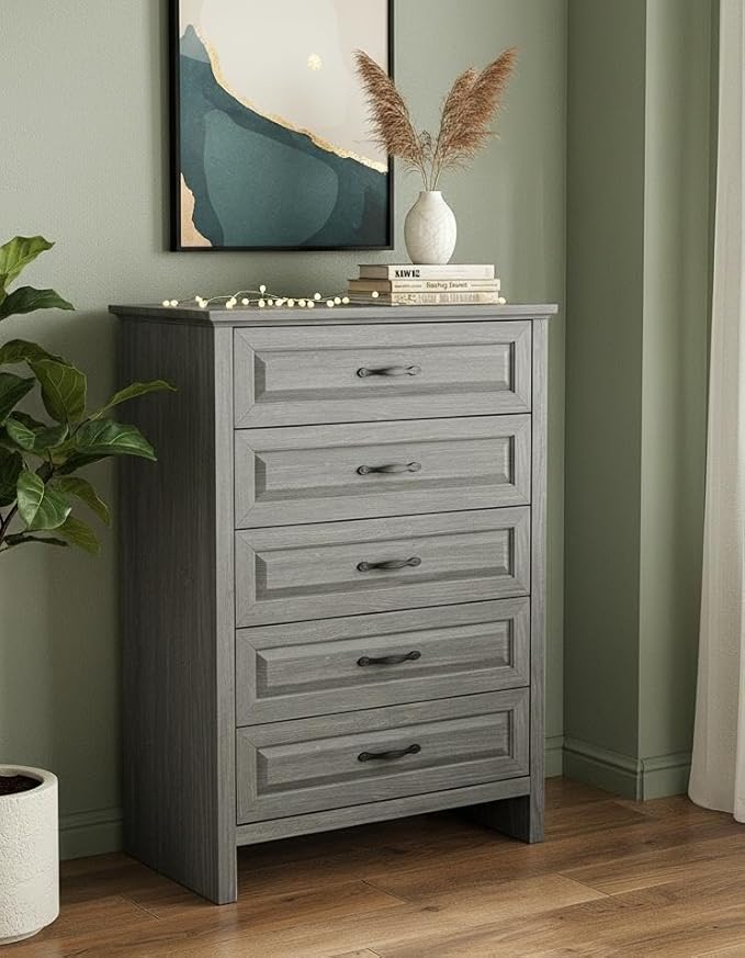 Marsail Farmhouse 5 Drawer Dresser, Wood Chest of Drawers with Natural Texture, Smooth Gliding Drawers, Versatile Storage Organizer Cabinet for Bedroom & Living Room, Grey