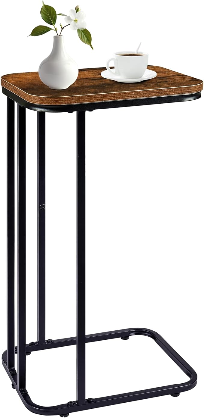 C Shaped End Table, 27 Inches High Small Side Table for Sofa and Bed, Couch Table Slides Under, Tall Tv Tray Table for Living Room, Bedroom, Metal Frame, Rustic Brown & Black