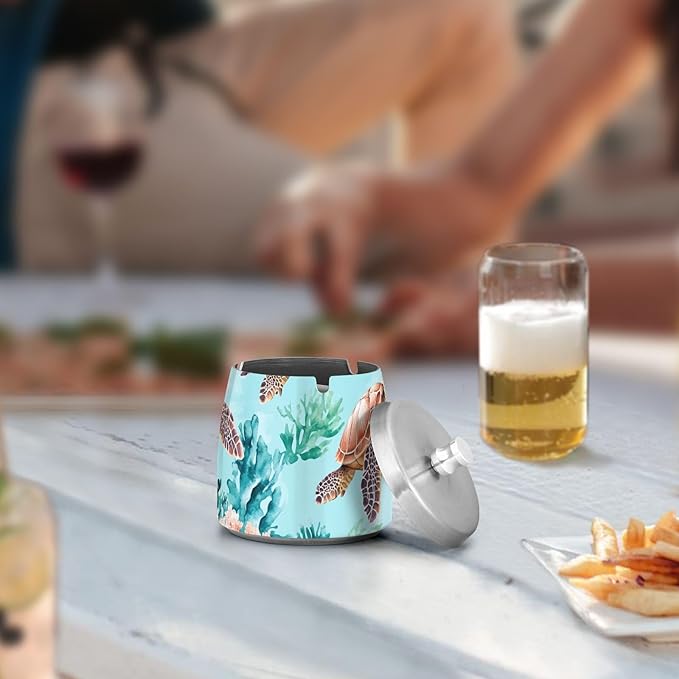Aqua Sea Turtles Corals Ashtray with Lid, Outdoor Ashtrays for Patio, Stainless Steel Ashtray Odorless Smokeless for Home Office Balcony