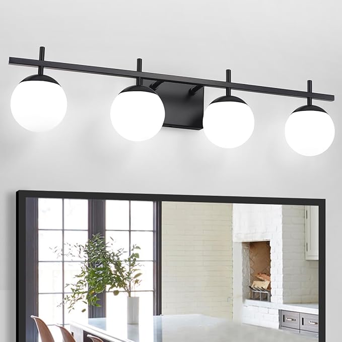 4-Light Modern Black Vanity Light for Bathroom, White Frosted Glass Bathroom Lighting Fixtures Over Mirror Vanity Lights Globe Wall Lamp Sconces for Hallway Stairway Living Room 31.5 Inch