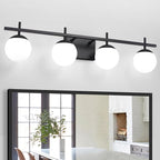 4-Light Modern Black Vanity Light for Bathroom, White Frosted Glass Bathroom Lighting Fixtures Over Mirror Vanity Lights Globe Wall Lamp Sconces for Hallway Stairway Living Room 31.5 Inch