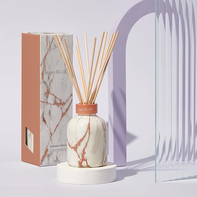 Capri Blue Modern Marble Reed Diffuser Set - Includes Reed Diffuser Sticks, Scented Oil & Glass Bottle - Luxury Scents for Bedroom Decor & Bathroom Air Freshener - Havana Vanilla (5.7 fl oz)