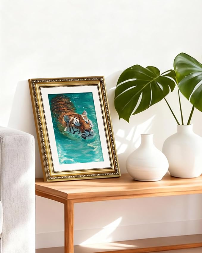ARPEOTCY Gold Framed Canvas Wall Art, 11x14 Inch Swimming Tiger Painting, Vintage Wildlife Animal Artwork, Aqua Blue Nature Wall Decor for Living Room, Bedroom, Bathroom, or Office