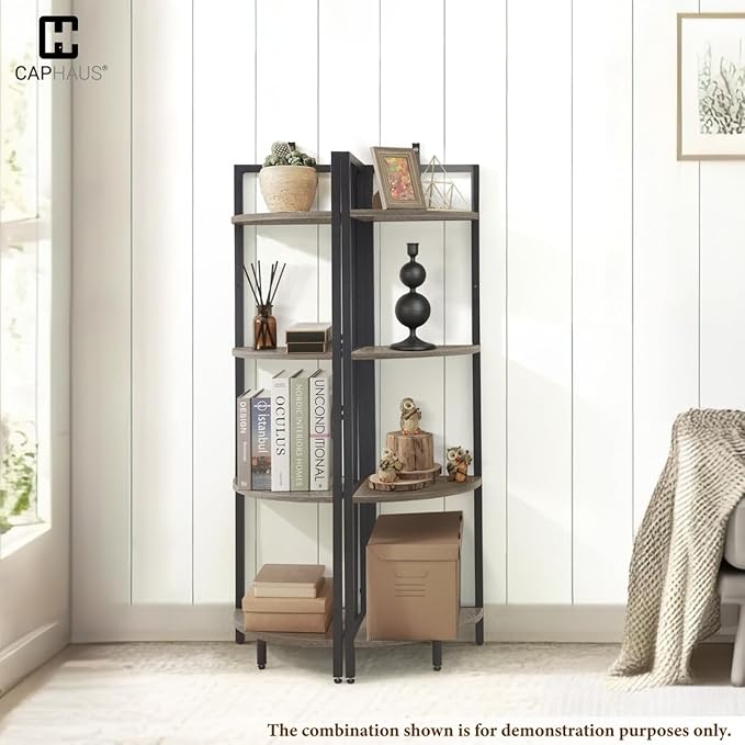 CAPHAUS 4 Tier Corner Shelf, 46.5-Inch Tall Bookshelf, Display Rack With Metal Frame, Round Shelf Unit, Small Stand for Bathroom, Living Room, Home, Office, Dark Grey