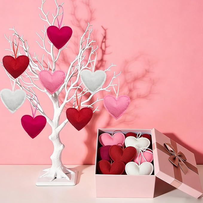 Felt Heart Ornament, 24Pcs Valentines Day Felt Heart Hanging Ornaments Red Pink Hearts Shaped Ornament Bulk for Valentine Day Wedding Anniversary Party Decorations