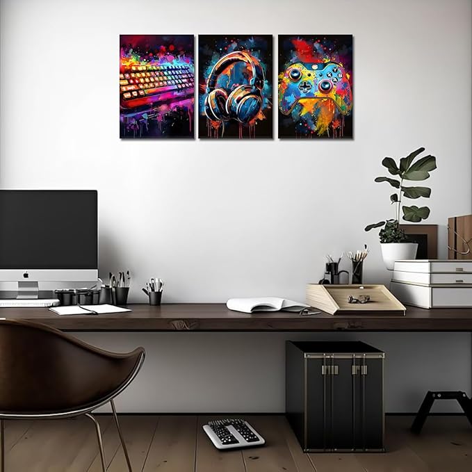 Novatique Cool Gaming Wall Art Graffiti Wall Art for Bedroom Colorful Video Game Wall Decor Gamepad Headphones Canvas Print for Teenager Room,12" x 16" x 3Pcs
