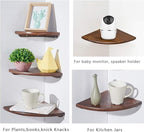 Corner Shelf,12inch Walnut Solid Wood Floating Corner Shelves Wall Mount Round End Floating Speaker Rack with Wire Hole for Small Plant for Bedroom Kitchen