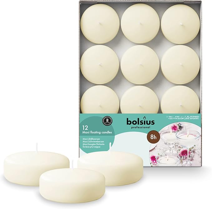 BOLSIUS Ivory Floating Candles 3 inch - 12 Pack Water Candles - Premium European Quality - 8 Hour Clean Burning - No Palm Oil - 0% Animal Fat - Cotton Wick - Centerpiece Decor, Romantic Wedding Events