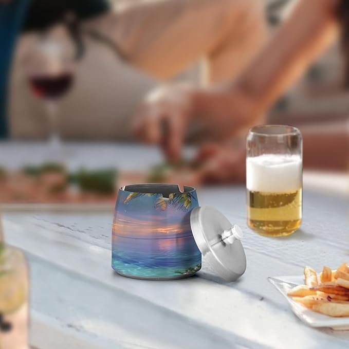 Dreamy Hawaiian Beach Ashtray with Lid, Outdoor Ashtrays for Patio, Stainless Steel Ashtray Odorless Smokeless for Home Office Balcony