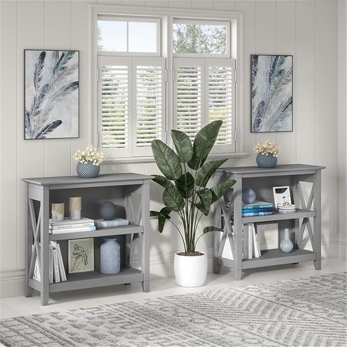 Bush Home Key West Small 2 Shelf Bookcase in Cape Cod Gray, Compact Home Organizer, Vertical Storage Solution, Bookshelf for Office or Living Room