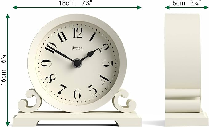 JONES CLOCKS® Saloon Mantel Clock | Traditional Double Scroll Design | Pale Cream | Contemporary Classic Style for Desk, Table, Shelf or Bedside