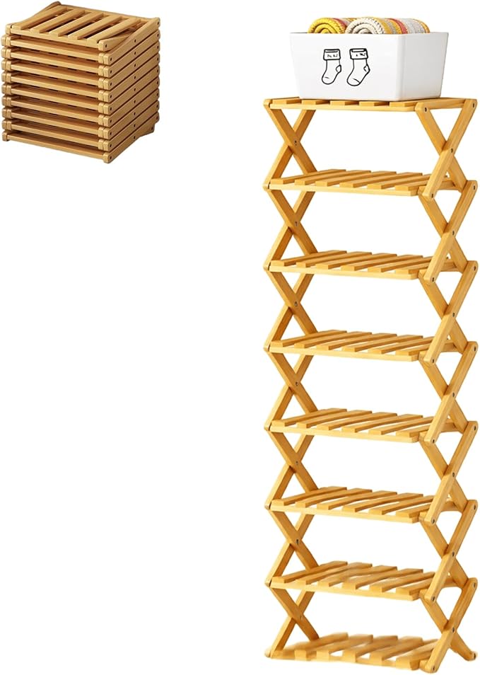 Upgraded The 9-Tier No-Assembly Bamboo Shoe Rack (3–9 Tier), Folding Bamboo Shoe Storage Rack with Zero Assembly Required and Space-Saving Design for Entryway Closet Apartment (Nature, 8 Tier)