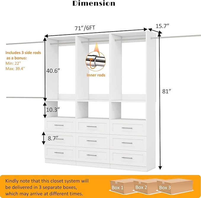 Dilando Closet System with Drawers, 6FT Wood Closet Organizer System 24" Walk-in Closet Corner Small Closets Storage Clothes Rack with Hanging Rods White (6FT)