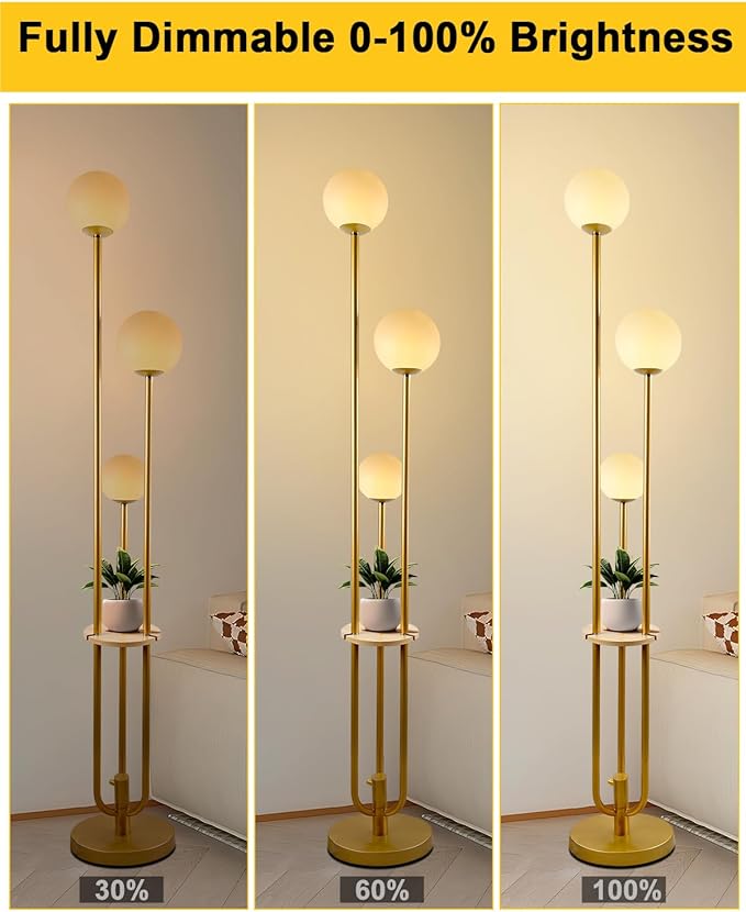 Lightdot Gold Globe Floor Lamp 3-Lights Dimmable Floor Lamps with Tray& Bulbs Included Unique Floor Lamp Candle Holder Style Modern Standing Lamps for Living Room/Bedroom//Sofa Beside/Corner Decor