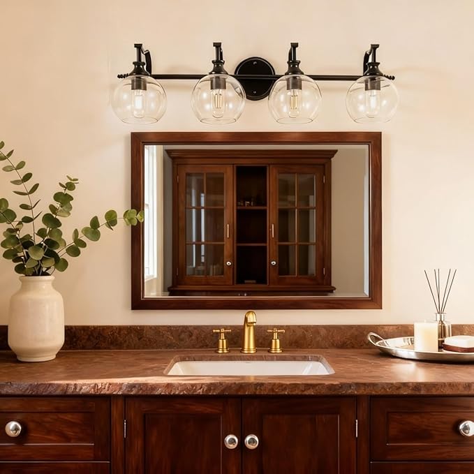 ANDY STAR 4 Light Bathroom Vanity Lights, Matte Black Bathroom Light with Clear Globe Glass Lampshade, 30.5 Inch Industrial Wall Lamp, E26 Base, Bulbs Not Included