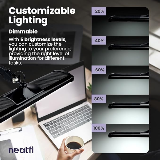Neatfi LED Desk Lamp, 3,500 Lumens, 3 Light Modes, Dimmable, 45W, 26” Wide Shade, 540 SMD LEDs, Eye-Caring Task Lamp for Reading, Crafting, Workbench, Office (CCT with Clamp, Black)