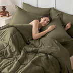 JOLLYVOGUE Queen Comforter Set, Ultra-Soft Bed in a Bag Queen Size 7 Pieces, Oeko-TEX Certified Bedding Set with Down Alternative Comforter, Sheets, Pillowcases & Shams, Olive Green