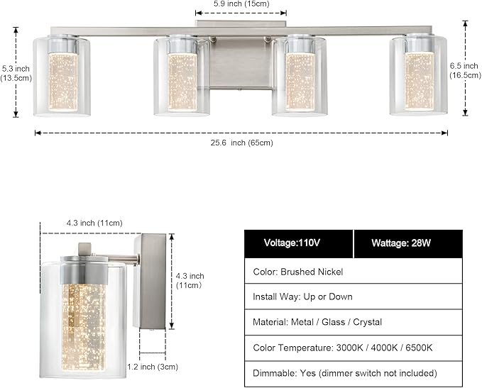 SineRise 4-Light Brushed Nickel Vanity Light with 3 Color Modes (3000K/4000K/6000K), Eye Protection LED Bathroom Light Fixture, Dimmable Modern Wall Light Over Mirror with Clear Glass Shade