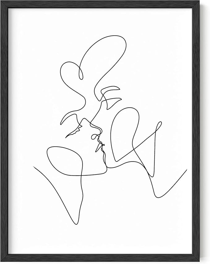 Minimalist Couple Art Wall Art Print Couple Kiss Abstract Line Drawing, Gallery Quality 12"x16" Black Framed, Abstract Love Aesthetic Decor Bedroom Living Room