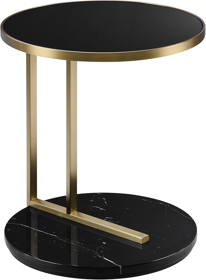 Elegant Midas Side Table – Glass Top & Marble Base Accent Table, Brass Finish - Black (18” x 20.5”)
