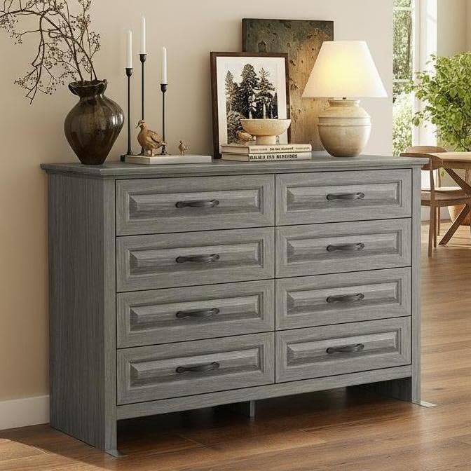 Marsail Farmhouse 8 Drawer Dresser, Wood Chest of Drawers with Natural Texture, Smooth Gliding Drawers, Versatile Storage Organizer Cabinet for Bedroom & Living Room, Grey