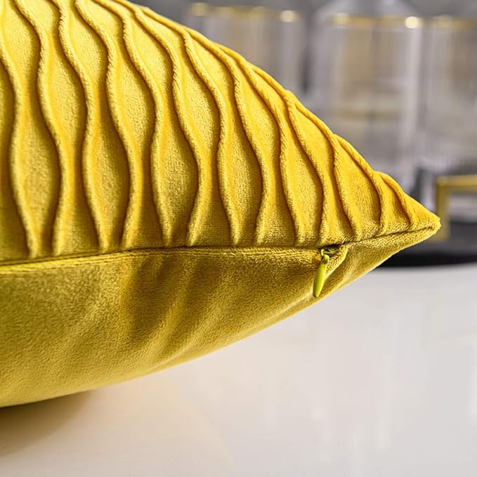 Mustard Yellow Couch Pillow Covers: 2 Pack 18x18 Inch Original Striped Velvet Square Throw Pillow Cases for Farmhouse Home Decor